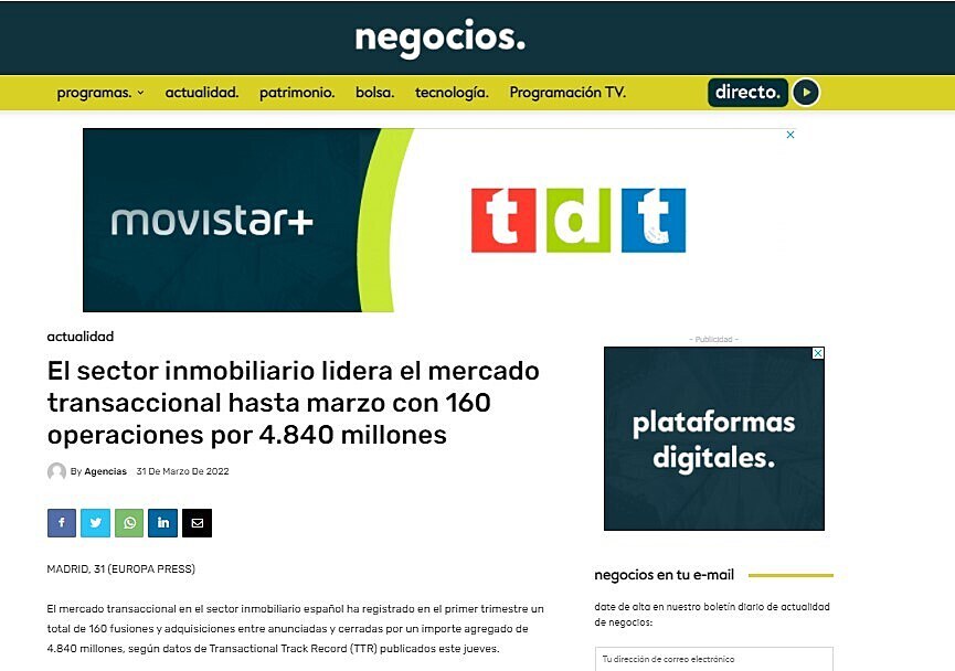 El sector inmobiliario lidera el mercado transaccional hasta marzo con 160 operaciones por 4.840 millones